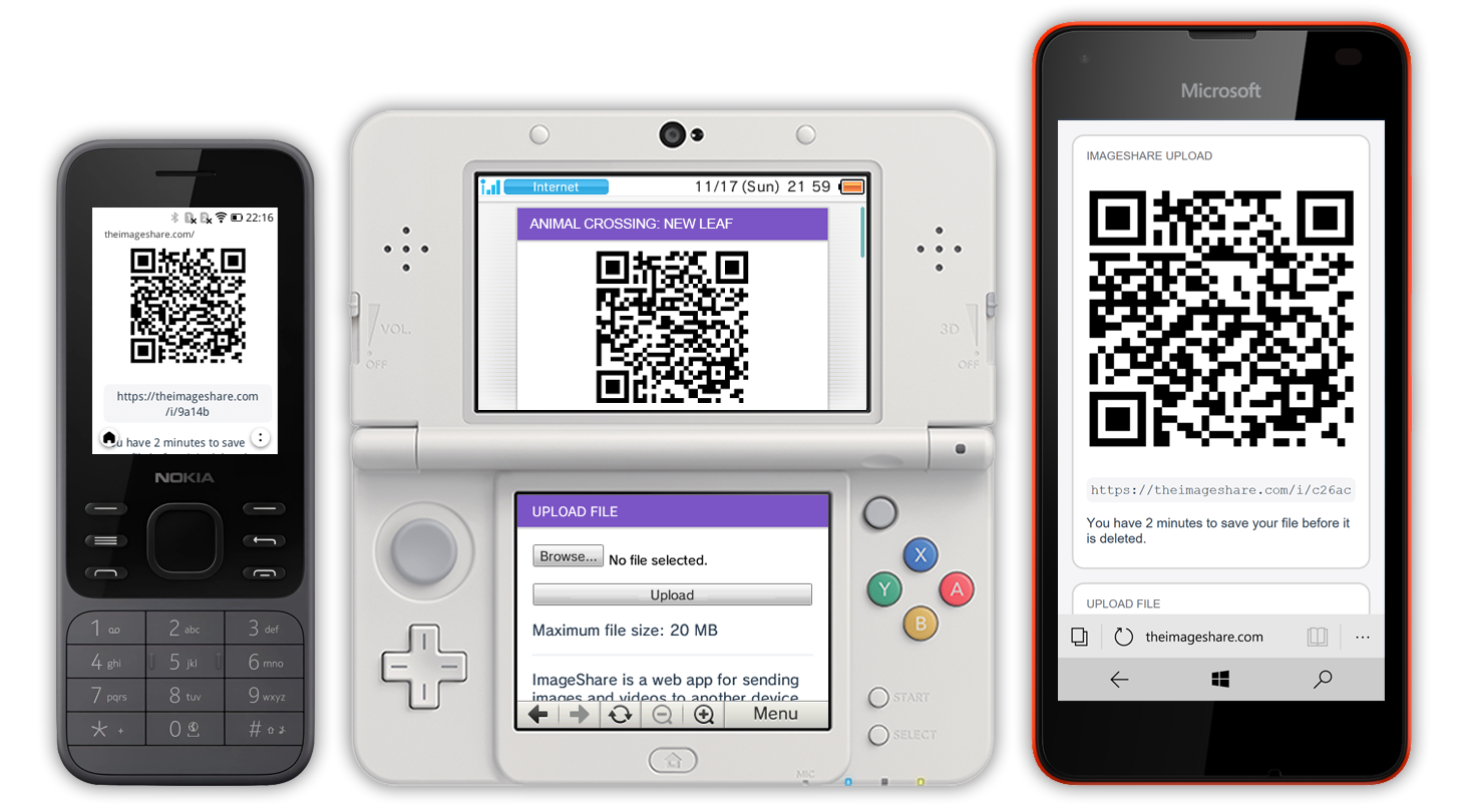 Screenshot of ImageShare on two phones and a Nintendo 3DS